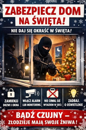 plakat z opisem zabezpiecz dom na święta oraz postacią włamywacza wchodzącą przez okno. Widoczne rady, które znajdują się w treści komunikatu