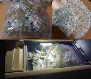 kolaż zdjęć zabezpieczonych narkotyków i pieniędzy