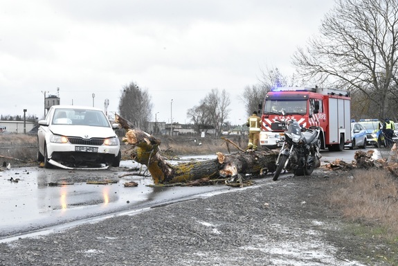 miejsce wypadku uszkodzony samochód służb. Na drodze leży konar