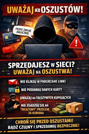 plakat uważaj na oszustów. Szczegóły apelu znajdują się w treści komunikatu
