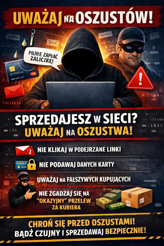 plakat uważaj na oszustów. Szczegóły apelu znajdują się w treści komunikatu
