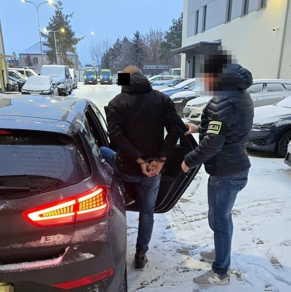 policjant wprrowdza zatrzymanego do radiowozu.