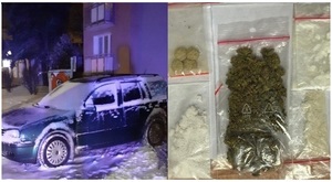 kolaż zdjęć samochód oraz narkotyki w woreczkach foliowych z zapięciem strunowym