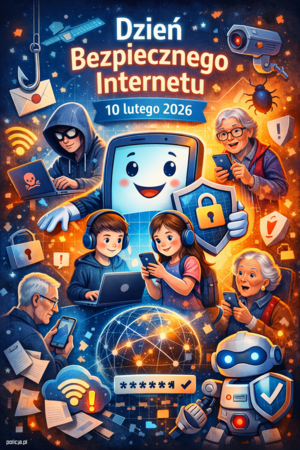grafika kolorowa z różnymi postaciami i napis Dzień Bezpiecznego Internetu