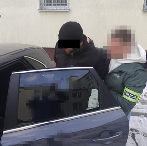 policjant wprowadza zatrzymanego do radiowozu