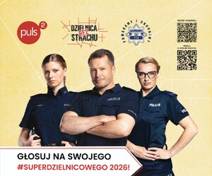 plakat promujący konkurs #Superdzielnicowy 2026 Troje aktorów w mundurach policyjnych
