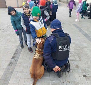 dziecko głaszcze psa służbowego