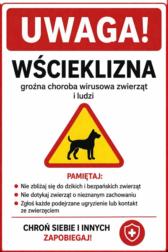 plakat z napisem uwaga wścieklizna. Ostrzega o groźnej chorobie ludzi i zwierząt