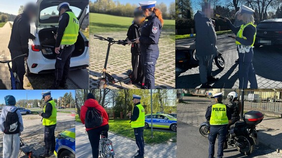 kolaż zdjęć policjantów ruchu drogowego prowadzących kontrole kierujących jednośladami