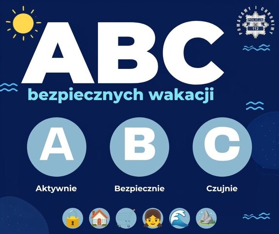 plakat przedstawiający hasło ABC bezpiecznych wakacji na niebieskim tle