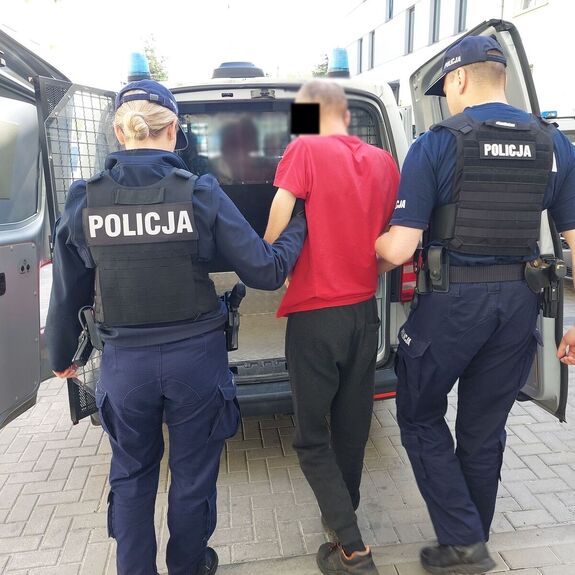 policjanci wprowadzają zatrzymanego mężczyznę do radiowozu