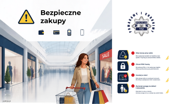 Grafice kobieta w centrum handlowym prawą ręką pcha wózek sklepowy, a w lewej ręce trzyma trzy torby z zakupami. U góry napis: Bezpieczne zakupy. Po prawej stronie porady - treść porad zawarta w tekście artykułu.