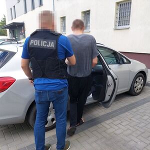 policjant wprowadza mężczyznę do samochodu