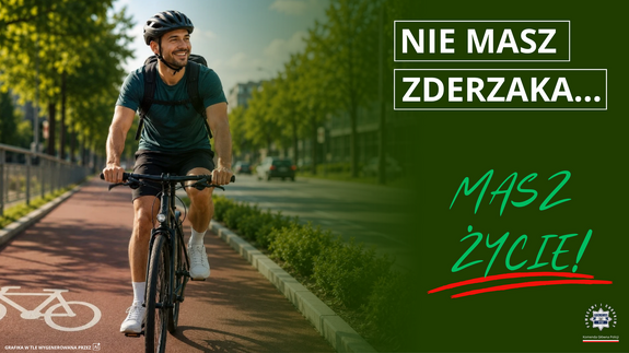 Na grafice rowerzysta w kasku jedzie po ścieżce rowerowej. Po lewej stronie napis: Nie masz zderzaka masz życie.
