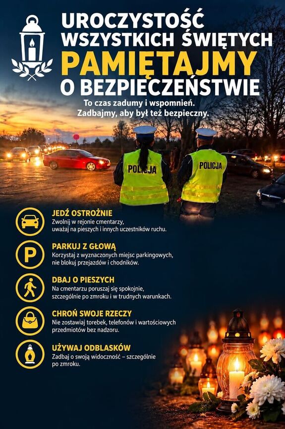 plakat apelujący o bezpieczeństwo podczas uroczystości wszystkich Świętych z dwoma umundurowanymi policjantami, w tle widać samochody osobowe