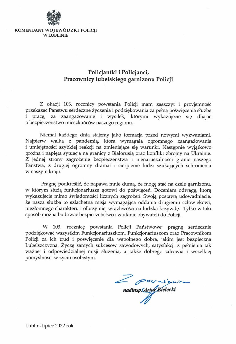 Życzenia Komendanta Wojewódzkiego Policji w Lublinie z okazji Święta Policji