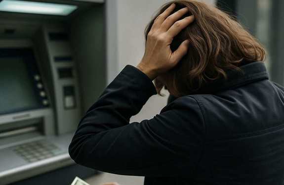 kobieta stojąca przed bankomatem